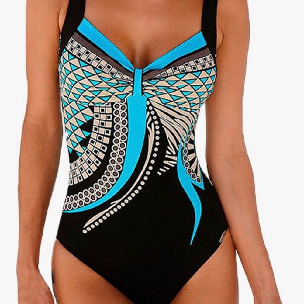 Brand New Chic Black and Blue Patterned Swimsuit 2X